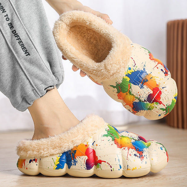 Home Indoor Platform Fleece-lined Contrast Color Cotton Slippers - Mohas luxury 